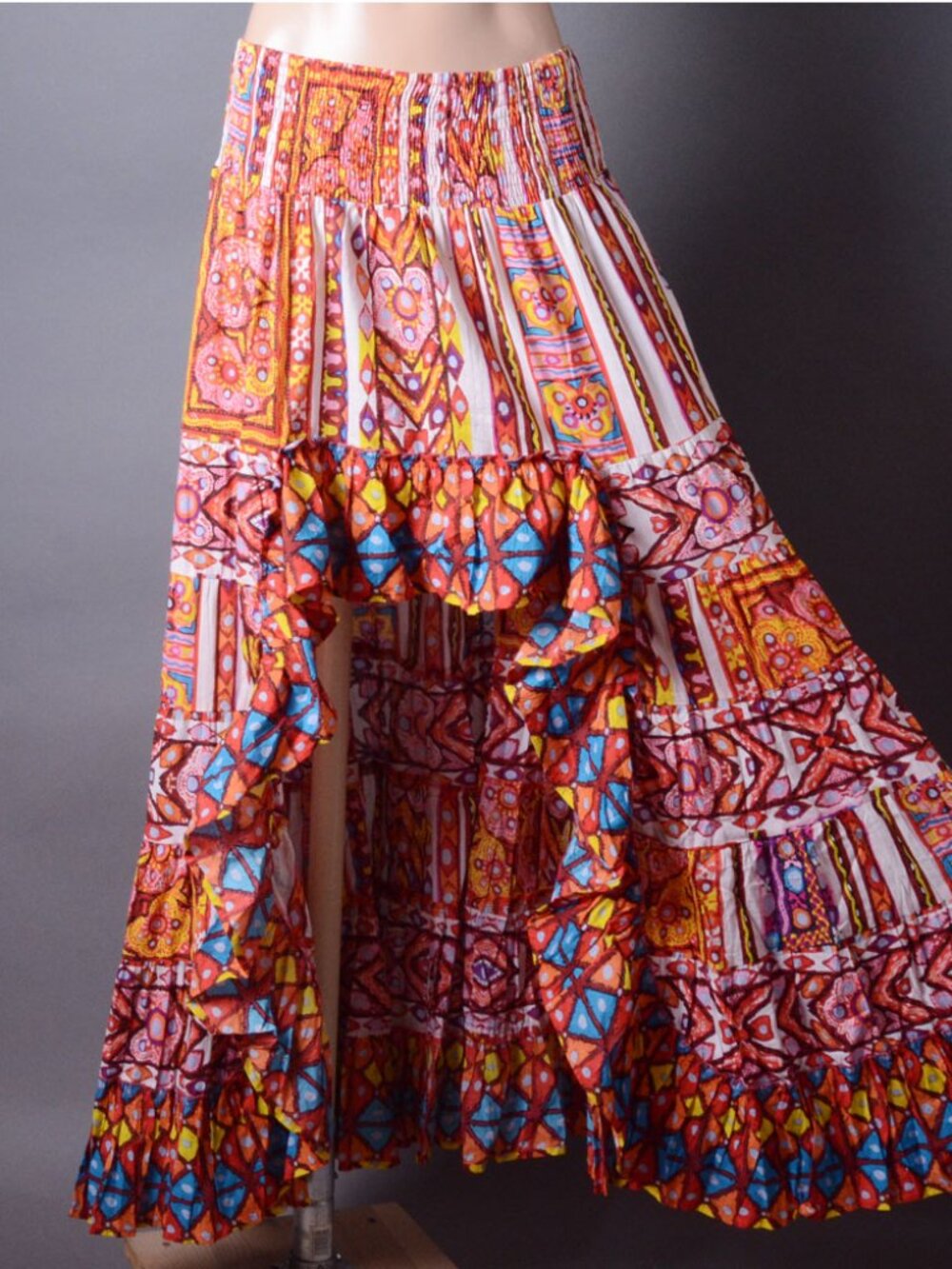 Orange Multicolor Ruffle Asymmetrical Smocked Stretch Boho Vacation Long Skirt
